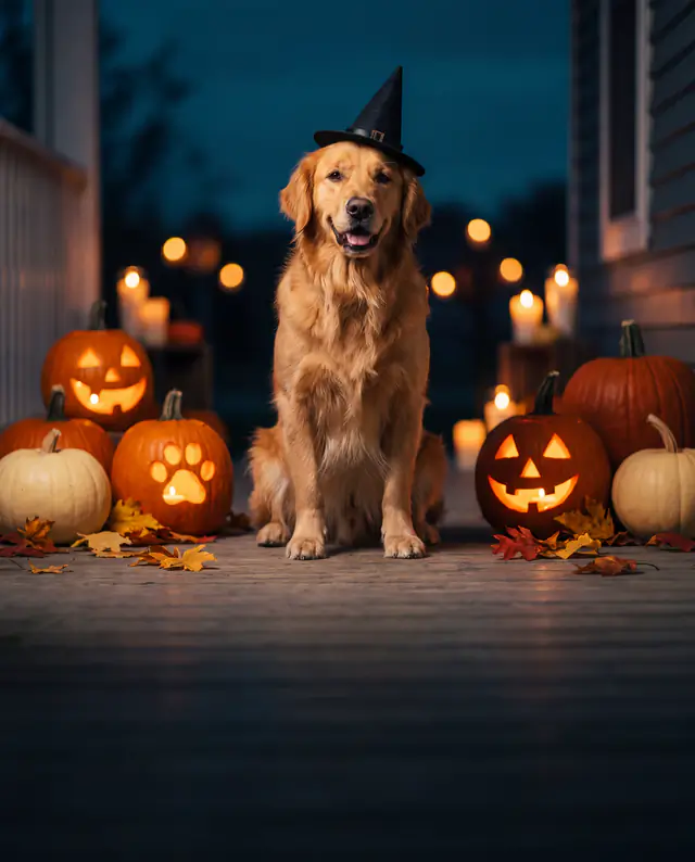 Golden retriever con cappello da strega tra zucche illuminate